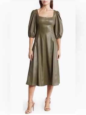 Calvin Klein Faux Leather Midi Dress Olive Green Size 14